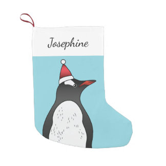 Cute Gentoo Penguin Wearing A Santa Hat On Blue Small Christmas Stocking