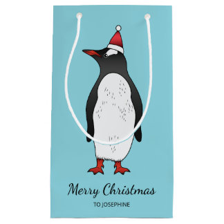 Cute Gentoo Penguin Wearing A Santa Hat On Blue Small Gift Bag