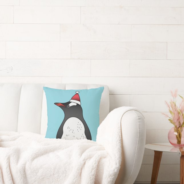 Cute Gentoo Penguin Wearing A Santa Hat On Blue Throw Pillow (Couch)