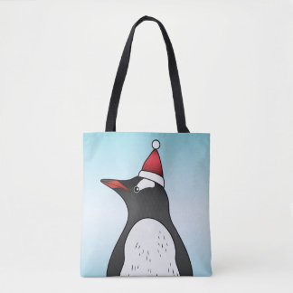 Cute Gentoo Penguin Wearing A Santa Hat On Blue Tote Bag