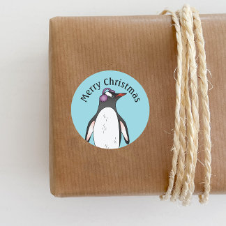 Cute Gentoo Penguin Wearing Ear Protection On Blue Classic Round Sticker