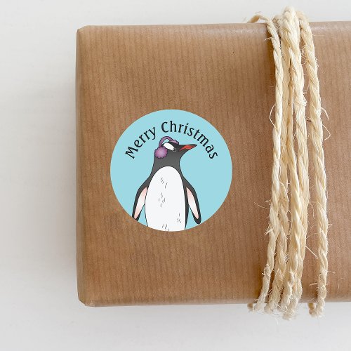 Cute Gentoo Penguin Wearing Ear Protection On Blue Classic Round Sticker
