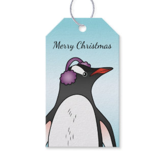 Cute Gentoo Penguin Wearing Ear Protection On Blue Gift Tags