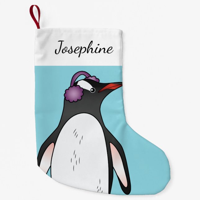 Cute Gentoo Penguin Wearing Ear Protection On Blue Small Christmas Stocking (Front)