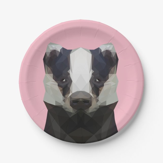 Cute geometric badger pink paper plates (Front)