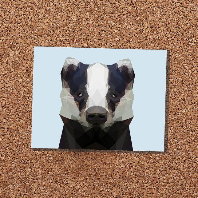 Cute geometric badger postcard (Postcard with a flat blue background and a cute geometric illustration of a baby badger)