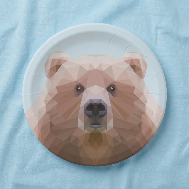 Cute geometric brown bear blue paper plates (Cute geometric brown bear blue paper plates.)