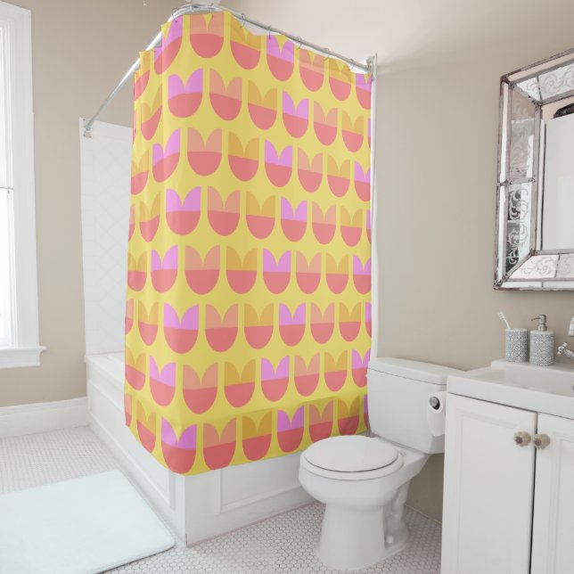 Cute Geometric Flower Pattern in Yellow and Pink Shower Curtain (In Situ)