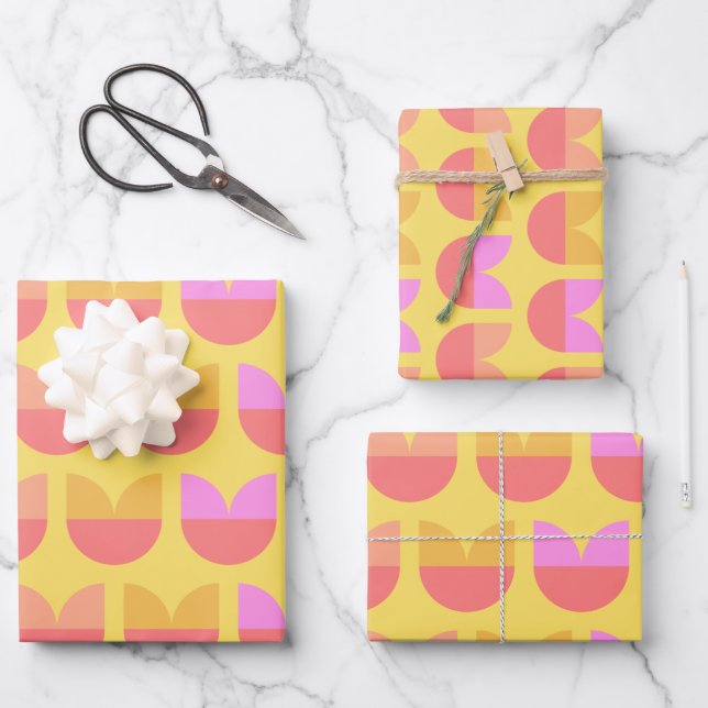 Cute Geometric Flower Pattern in Yellow and Pink Wrapping Paper Sheets (Front)