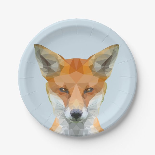 Cute geometric fox blue paper plates (Front)