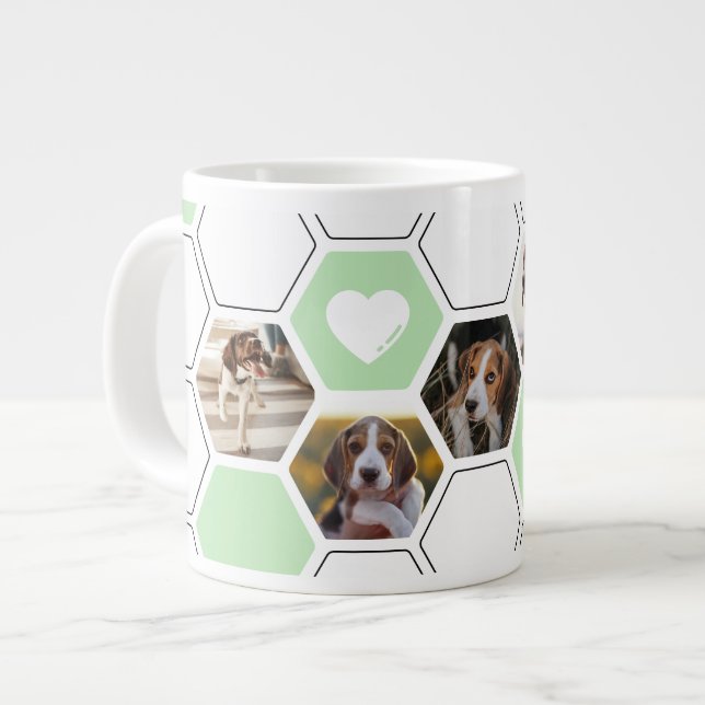 Cute Geometric Heart Paw Green Dog Photo Keepsake Giant Coffee Mug (Front Left)