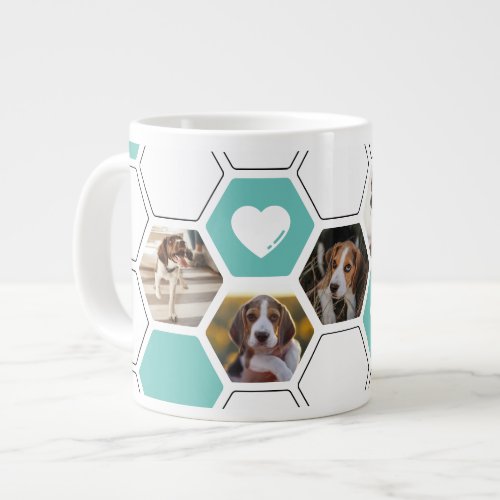 Cute Geometric Heart Paw Teal Dog Photo Keepsake Giant Coffee Mug