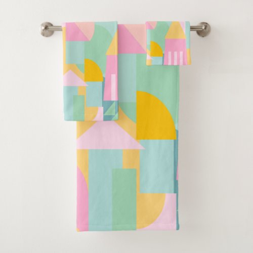 Cute Geometric Pattern Bright Pastel Mint Pink Bath Towel Set
