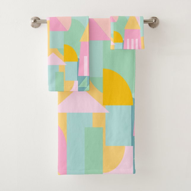 Cute Geometric Pattern Bright Pastel Mint Pink Bath Towel Set (Insitu)