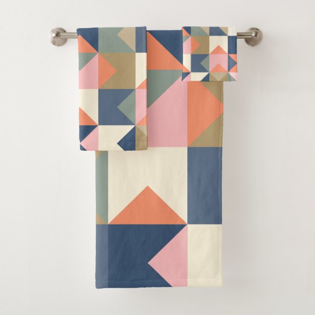 Cute Geometric Pattern in Stylish Navy and Coral Bath Towel Set (Insitu)