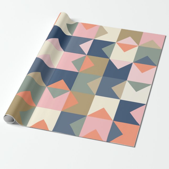 Cute Geometric Pattern in Stylish Navy and Coral Wrapping Paper (Unrolled)