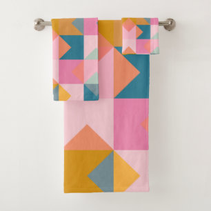 Cute Geometric Pattern in Teal Pink and Yellow Bath Towel Set