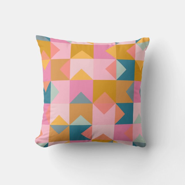 Cute Geometric Pattern in Teal Pink and Yellow Throw Pillow (Front)