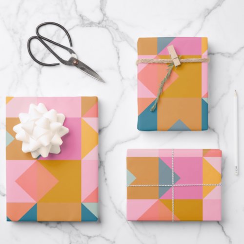 Cute Geometric Pattern in Teal Pink and Yellow Wrapping Paper Sheets