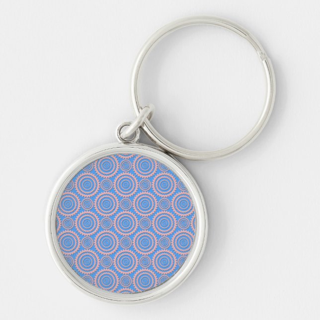 Cute Geometric Pattern Pink Circles over Blue Keychain (Front)