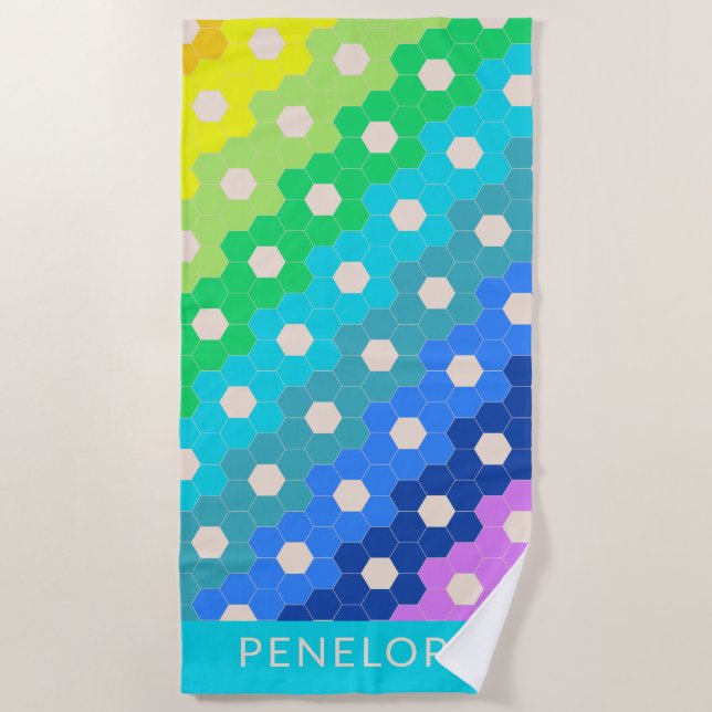 Cute Geometric Rainbow Vibrant Personalized Beach Towel (Front)