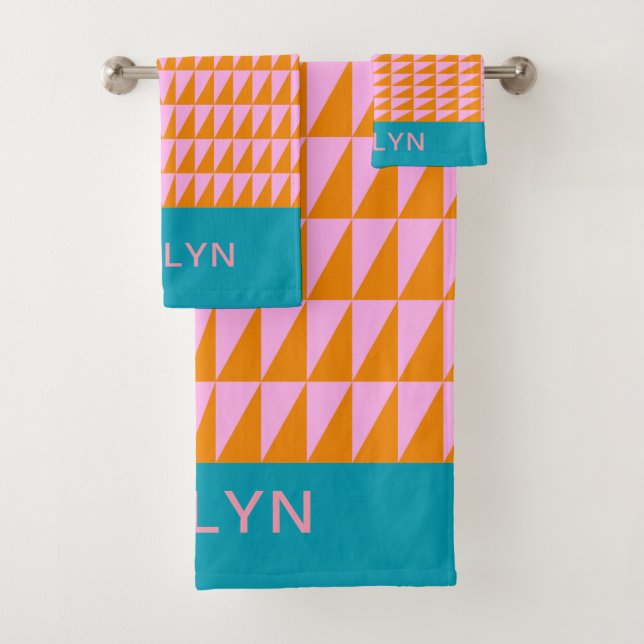Cute Geometric Shape Pink Turquoise Personalized Bath Towel Set (Insitu)