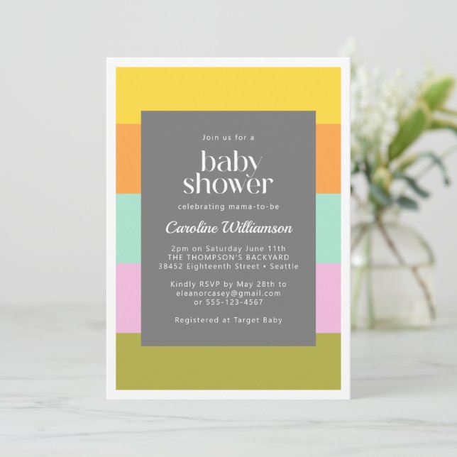 Cute Geometric Stripes Bright Pastels Baby Shower Invitation (Standing Front)