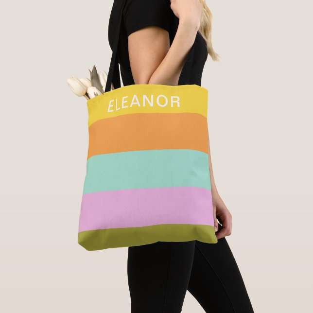 Cute Geometric Stripes Bright Pastels Personalized Tote Bag (Close Up)