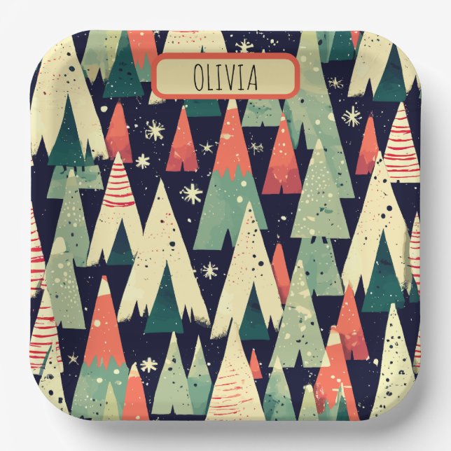  Cute Geometric Trees in Winter Personalized Paper Plates (Front)