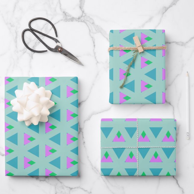 Cute Geometric Triangle Pattern Turquoise Purple Wrapping Paper Sheets (Front)
