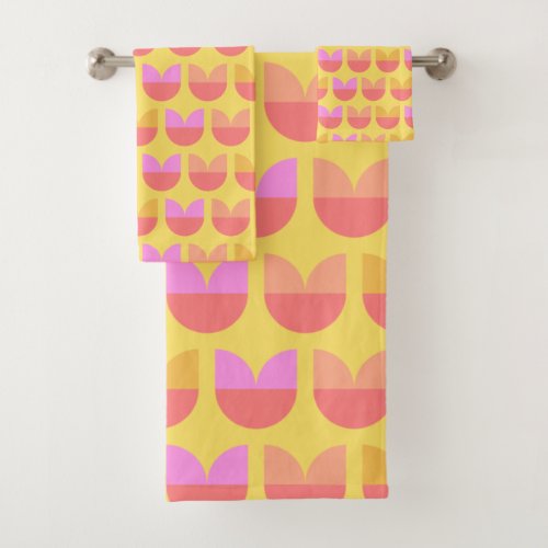 Cute Geometric Tulip Flowers Pattern Yellow Pink Bath Towel Set