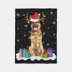 Cute German Shepherd Dog Christmas Lights Santa Ha Fleece Blanket