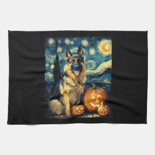 Cute German Shepherd Dog Halloween Jack O Lantern Kitchen Towel