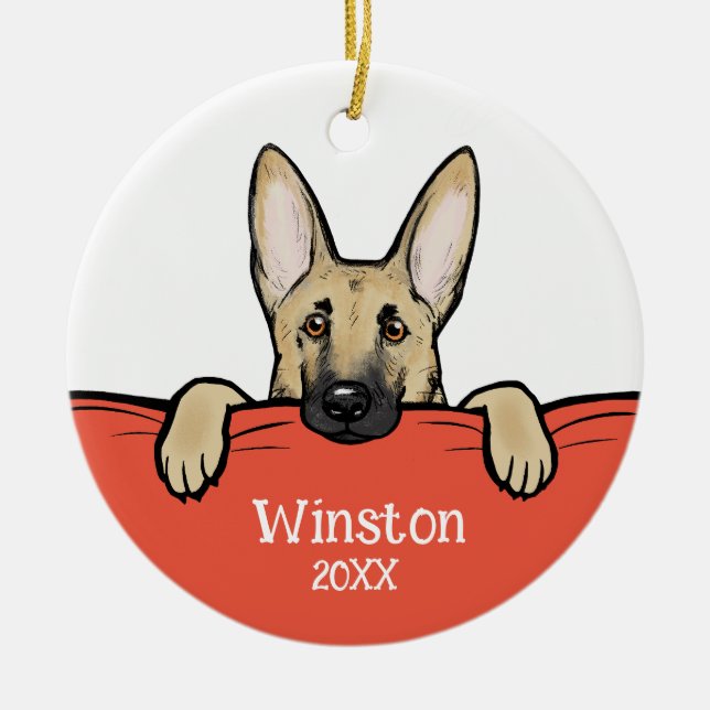 Cute German Shepherd Dog Personalized Ceramic Ornament (Front)