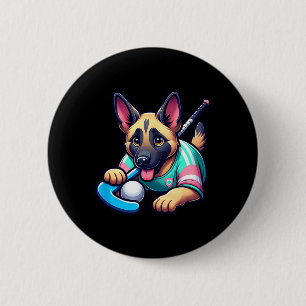 Cute German Shepherd Field Hockey Puppy Mascot Button
