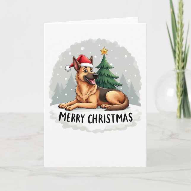 Cute German Shepherd in Santa Hat Christmas Card (Front)