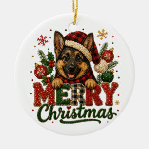 Cute German Shepherd Merry Christmas Ceramic Ornament