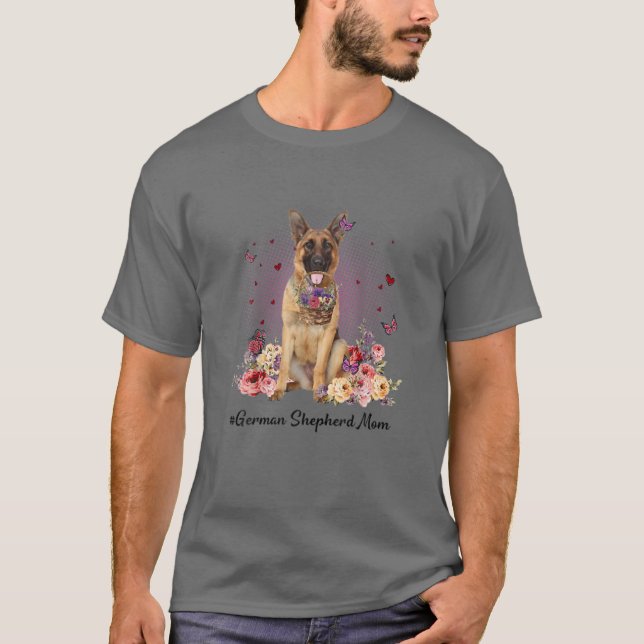 Cute German Shepherd Mom Flower Happy Mother's Day T-Shirt (Front)