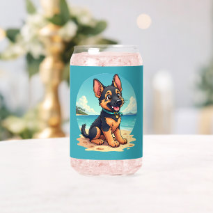 Cute German Shepherd Puppy Beach Illustration Can Glass