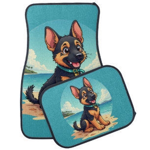 Cute German Shepherd Puppy Beach Illustration Car Floor Mat