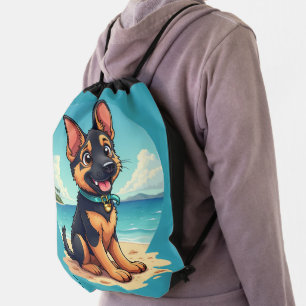 Cute German Shepherd Puppy Beach Illustration Drawstring Bag