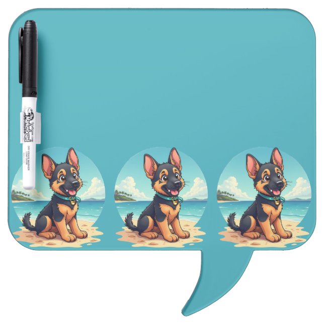 Cute German Shepherd Puppy Beach Illustration Dry Erase Board (Front)