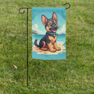 Cute German Shepherd Puppy Beach Illustration Garden Flag