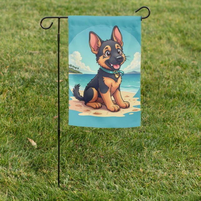 Cute German Shepherd Puppy Beach Illustration Garden Flag (In SItu)