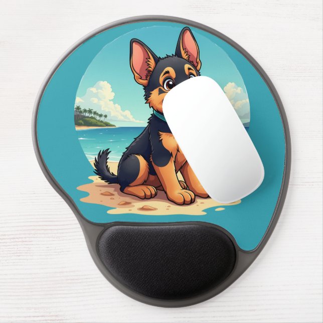Cute German Shepherd Puppy Beach Illustration Gel Mouse Pad (Left Side)