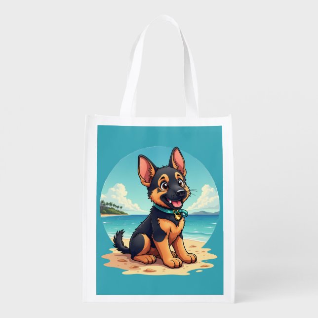 Cute German Shepherd Puppy Beach Illustration Grocery Bag (Back)