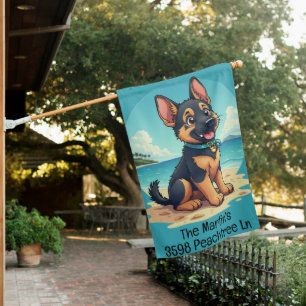 Cute German Shepherd Puppy Beach Illustration House Flag