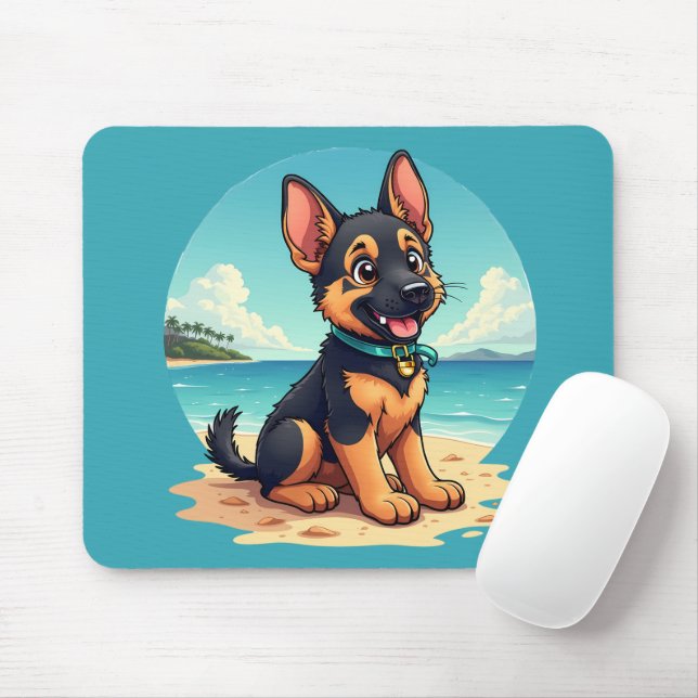 Cute German Shepherd Puppy Beach Illustration Mouse Pad (With Mouse)