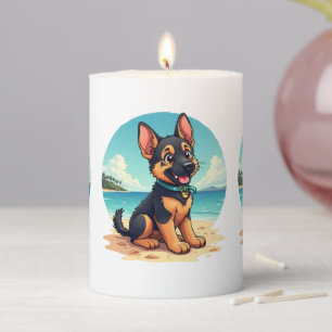 Cute German Shepherd Puppy Beach Illustration Pillar Candle