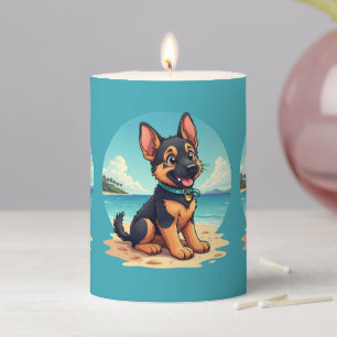 Cute German Shepherd Puppy Beach Illustration Pillar Candle